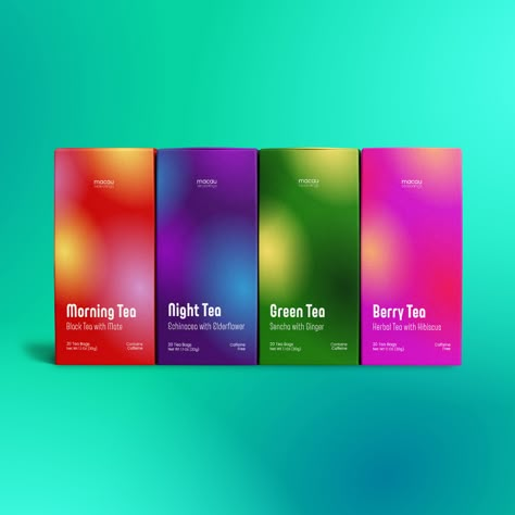 macau seasonings Tea Branding & Packaging Design on Behance Abstract Packaging Design, Cool Tea Packaging, Japan Packaging Design, Supplements Branding, Gradient Packaging, Purple Packaging, Supplement Packaging, Tea Branding, Shampoo Packaging