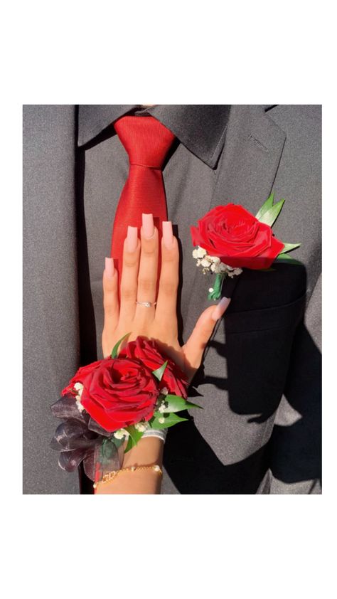 Red corsage prom, prom dress red, black red corsage boutonniere Red Corsage Prom, Diy Corsage And Boutonniere, Red Corsage, Red Corsages, Diy Corsage, Dress Up Days, Prom Dress Red, Corsage And Boutonniere, Corsage Prom