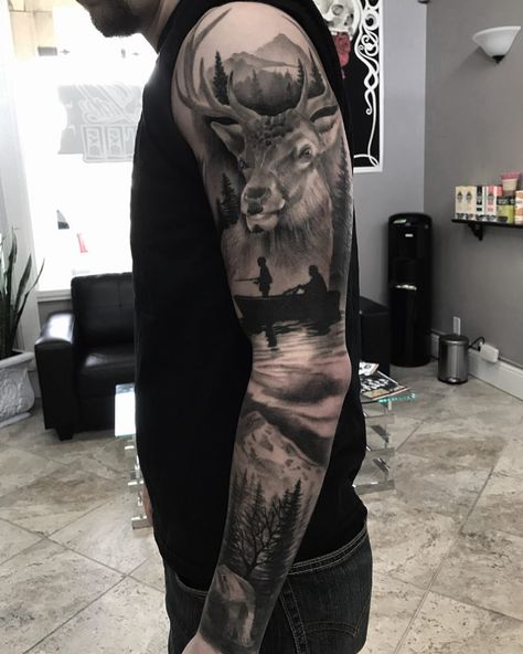 Black and grey realism custom PNW hunting elk fishing father son outdoors camping mountain forest sleeve tattoo, by Aaron Carey Mens Outdoor Tattoo Sleeve, Tattoos For Hunters, Wildlife Tattoos For Men, Tattoo Pocket Watch, Deer Hunting Tattoos, Natur Tattoo Arm, Deer Tattoo Designs, Scottish Tattoos, Indian Tattoos