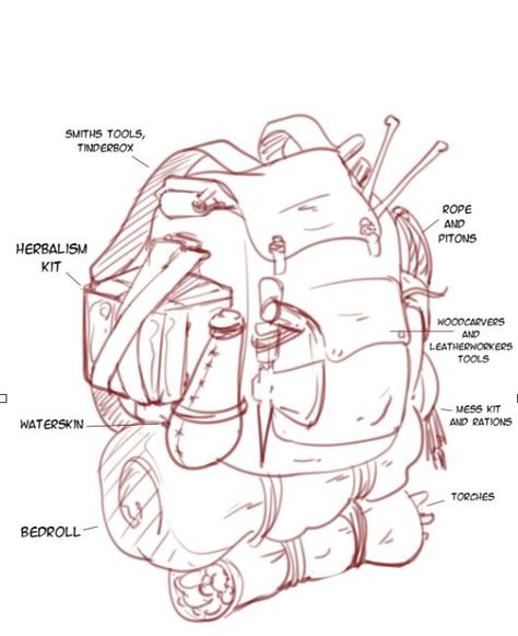 #dnd #5e backpack. I have a character who is a merchant and carries around 4 sets of tools, and wanted to see how much space it would all take up so I sketched them out! #ttrpg #dungeonsanddragons #equipment #item #backpack #tools #merchant Backpack Sketch, Tool Kits, A Character, Dungeons And Dragons, Okay Gesture, Concept Art, Sketch, Backpacks, Tools