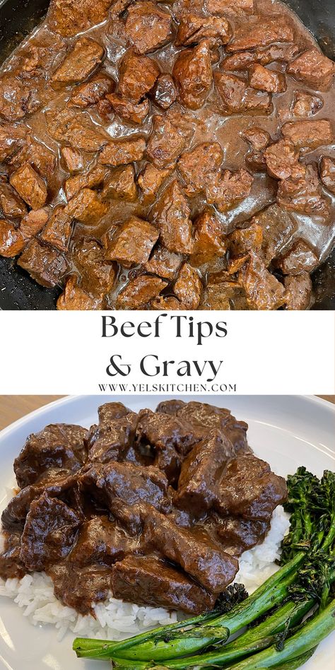 Hearty and flavorful beef tips and gravy. Braised Steak Tips, Brisket Tips Recipe, No Peek Beef Tips Oven, Tri Tip Meals, Beef Tri Tip Recipes, Stove Top Beef Tips, Beef Tips Gravy, No Peek Beef Tips, Beef Tips And Rice