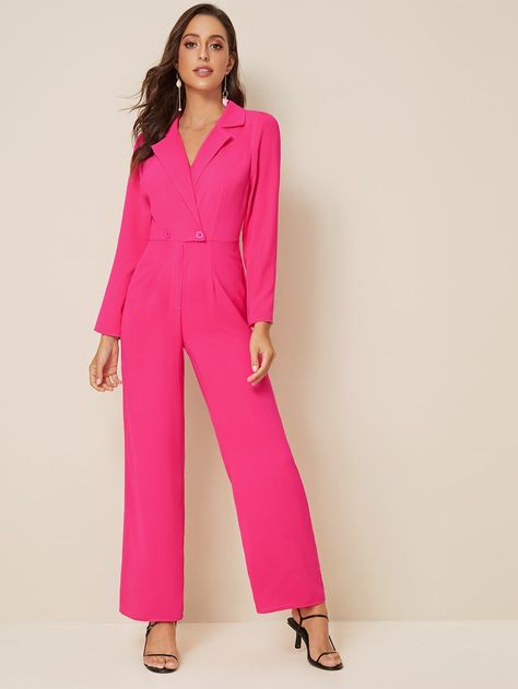 Neon Pink Button Detail Blazer Jumpsuit | SHEIN Blazer Jumpsuit, Spring Jumpsuits, Jumpsuit Pink, Striped Tunic Dress, Two Piece Jumpsuit, Jumpsuit Dressy, Mesh Bodycon Dress, Pink Jumpsuit, Belted Shirt Dress