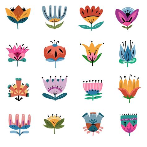 Folk art flower illustration Folk Art Line Drawing, Swedish Folk Art Flowers, Folk Art Daisy, Folk Art Botanicals, Folk Flowers Illustration, Polish Folk Illustration, Tulip Folk Art, Folk Flower Pattern, Colorful Folk Art