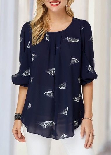 Floral Print Notch Neck Contrast Piping Blouse | modlily.com - USD $27.57 Womens Trendy Tops, Navy Blue Blouse, Blouson Sleeve, Trendy Tops For Women, Trendy Fashion Tops, Trend Fashion, Ladies Dress Design, Trendy Tops, Ladies Tops Fashion