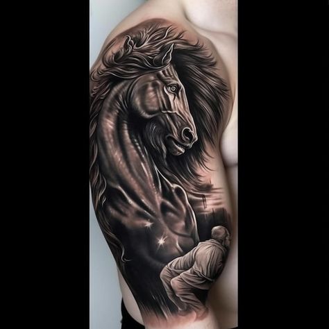 Premium AI Image | A horse tattoo with a man and a horse on his shoulder. Horse Tattoo For Men, Traditional Tattoo Horse, Tattoo Ideas Shoulder, Horse Tattoo Ideas, Tattoo Horse, Rings Tattoo, Lord Of The Rings Tattoo, Back Of Arm Tattoo, Traditional Style Tattoo