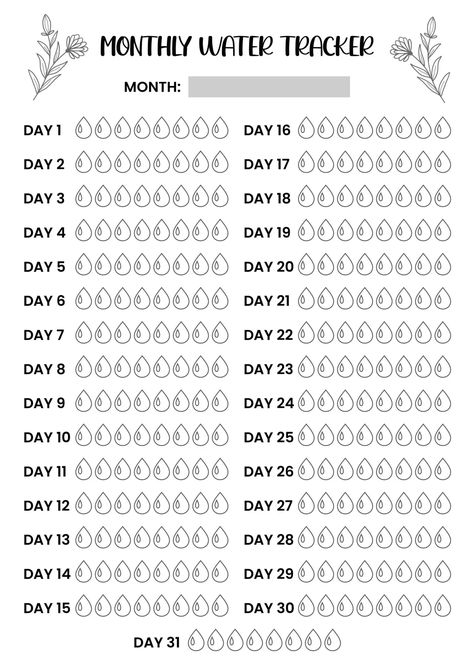 Monthly water tracker – B&W Monthly Water Tracker, Ide Journal, Habit Tracker Printable Monthly, Water Tracker Printable, Healing Journal, Monthly Habit Tracker, About Me Template, Habit Tracker Bullet Journal, Daily Water Intake