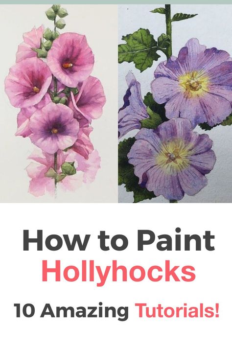 How to Paint Hollyhocks Step by Step the easy way. Learn How to Paint Hollyhocks with the Best 10 Online Video Tutorials with Acrylic, Digital and many more techniques! How to Paint Hollyhock Flowers, How to Paint Hollyhock Acrylic and more! Painting Ideas on Canvas with Acrylic Paint, oil, pencil, watercolors, and many more painting techniques! How To Paint Flowers With Acrylic Paint, How To Paint Flowers Acrylic Step By Step, Hollyhocks Flowers Drawing, Oil Painting Flowers Tutorial, Hollyhock Paintings, Acrylic Painting Ideas Flowers, Hollyhocks Watercolor, Hollyhocks Flowers Painting, Paintings Of Hollyhocks