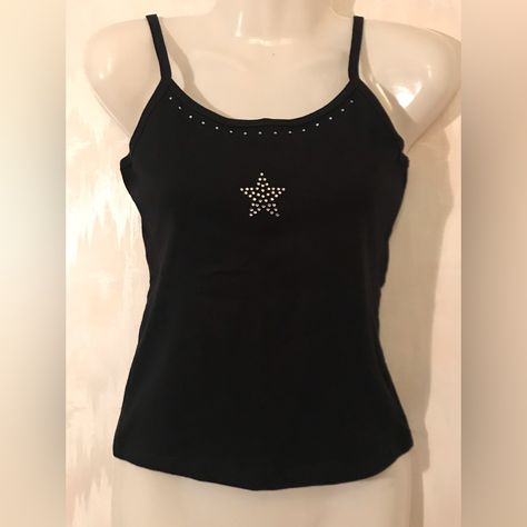 Brand New With Tags! Super Cute Y2k Rhinestone Star Tank Top From Steve Madden. Size M, Nice And Stretchy. 100% Cotton. Back Is Plain Black With No Gemstones. Short, Slightly Cropped Fit Like A Baby Tee Rhinestone Tank Top Y2k, Rhinestone Clothes Diy, Early 2000s Tops, Bedazzled Clothes, Y2k Rhinestone Top, Rhinestone Tshirt Designs, Black Top Y2k, 2000 Tops, Y2k Finds