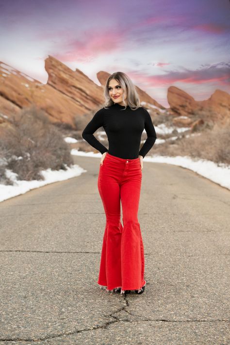 Flare Jeans Photoshoot, Corduroy Bell Bottoms Outfit, Red Rocks Photoshoot, Red Bell Bottoms Outfit, Rocks Photoshoot, Red Bell Bottoms, Rock Photoshoot, Bell Bottoms Outfit, Lifestyle Portraits