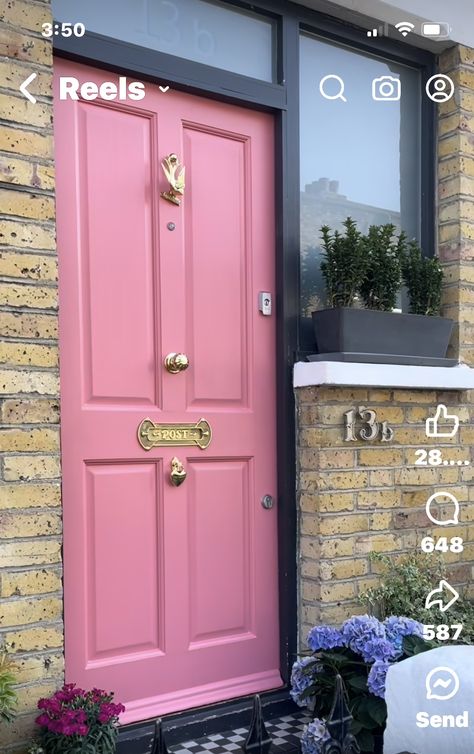 Front Door Interior Color, Pink Front Door, Front Door Interior, Gallery Interior, Art Gallery Interior, Door Interior, Pink Houses, Interior Color, Curb Appeal