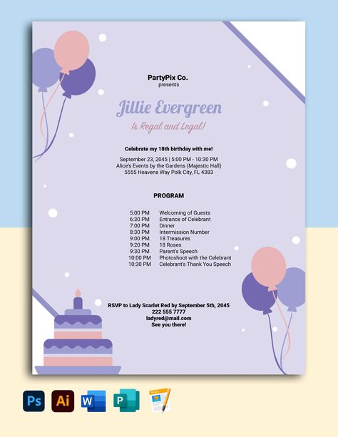 Birthday and Event Program Template Birthday Program Design, Graduation Party Program Ideas, Event Program Design Templates, 18th Birthday Program Flow, Debut Program Flow Ideas, Birthday Program Ideas, 60th Birthday Program Flow, Party Program Template, Debut Program Flow