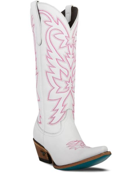 PRICES MAY VARY. Leather Upper White With Contrast Pink Stitching Snip Toe 15&Quot; Shaft Height With Pull Tabs 2.25&Quot; Heel Height Bedazzled Cowboy Boots, Knee High Cowgirl Boots, Pink Cowgirl Boots, Pink Cowgirl, Country Clothing, Western Boot, Boots Knee, Cowgirl Boots, Casual Boots