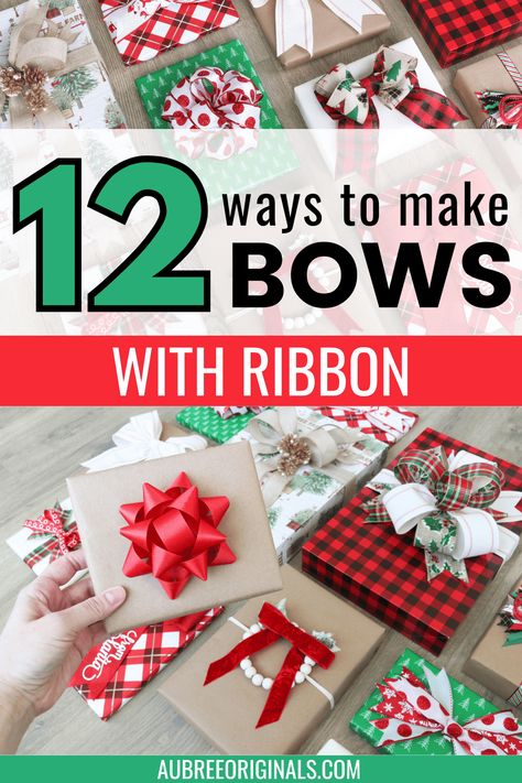 12 ways to make ribbon bows Pinterest pin image Bow Present Ribbon, Diy Ribbon Bows For Gifts, Diy Gift Bow Ribbon, Ribbon Tying Tutorial Gift Wrapping, Bows For Gift Bags, Ribbon On Presents, Christmas Present Ribbon, How To Make A Gift Bow, Gift Bow Tutorial