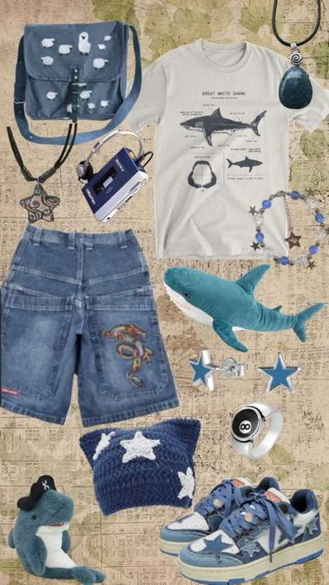 Ocean Themed Outfits Male, Shark Aesthetic Outfits, Shark Fashion, Shark Outfit Ideas, Ocean Core Clothes, Oceancore Aesthetic Outfits, Shark Inspired Outfit, Shark Clothing, Shark Core Outfits