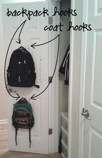 Mudroom in a closet Home Drop Zone, Kids Mudroom, Front Entry Closet, Kids Coat Hooks, Small Coat Closet, Closet Hooks, Backpack Hooks, Closet Mudroom, Front Hall Closet