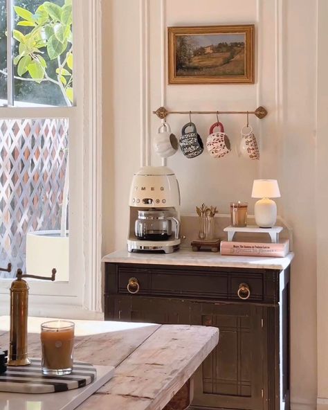 Everything You Need to Style a Coffee Cart at Home | The Everygirl Modern Coffee Bar Ideas Kitchen, Coffee Bar Armoire, Small Space Coffee Bar, Modern Coffee Bar Ideas, Kitchen Counter Ideas, Fall Apartment, Coffee Bar Ideas Kitchen Counter, Armoire Diy, Fall Apartment Decor