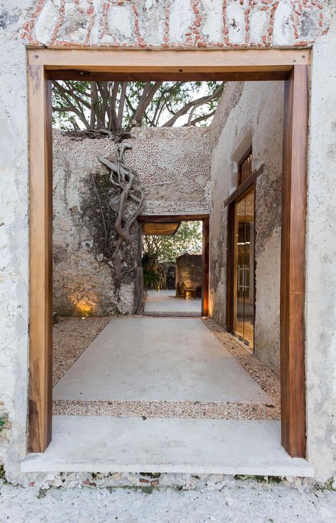 Niop Hacienda by AS Arquitectura Dezeen Architecture, Mexican Hacienda, Interior Design Minimalist, Mexico Hotels, Casas Coloniales, Have Inspiration, Brick Walls, Stone Walls, Entry Way