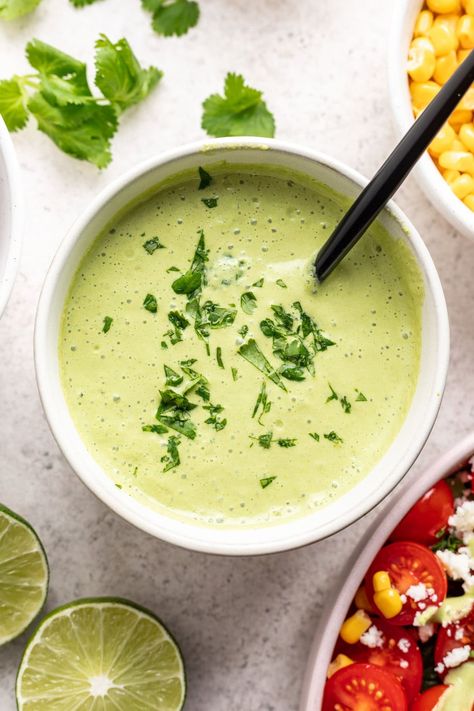 My homemade Poblano Crema is a delicious blend of smoky, creamy goodness that adds a burst of flavor to any TexMex dish. Poblano Crema, Cilantro Lime Dressing Recipe, Creamy Cilantro Lime Dressing, Poblano Sauce, Crema Recipe, Clean Foods, Creamy Salad Dressing, Cilantro Lime Sauce, Cilantro Sauce