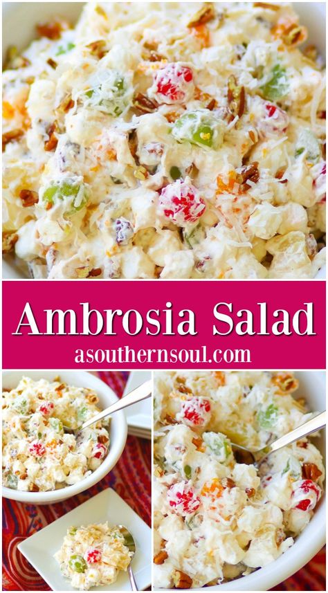 Ambrosia Salad is a classic recipe that’s hard to resist. Make with pineapple, cherries, oranges, coconut, pecans and grapes all wrapped up in fresh whipped cream and marshmallows, is a fruit salad that dreams are made of! #ambrosia #ambrosiasalad #fruitsalad #fruit #classicrecipe #easyrecipe #southern Dessert Salad Recipes, Fruit Salad With Marshmallows, Ambrosia Fruit Salad, Fresh Whipped Cream, Salads For A Crowd, Ambrosia Salad, Fruit Salad Recipes, Dessert Salads, Idee Pasto Sano