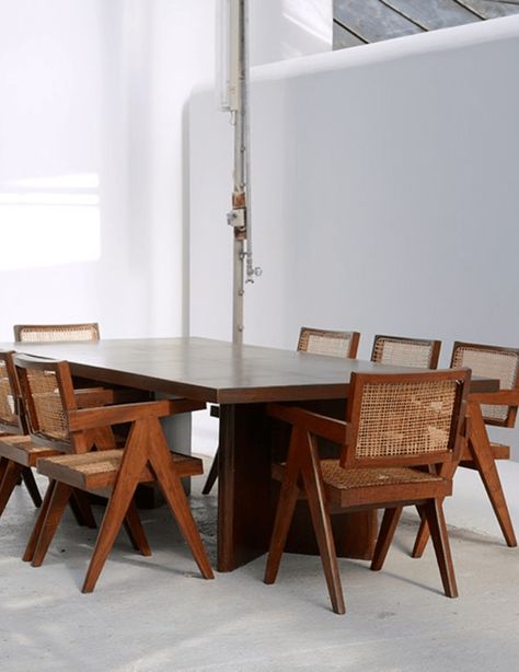 Chandigarh Chair Pierre Jeanneret, Chandigarh Chair Dining, Pierre Jeanneret Chair Dining, Jeanneret Chair, Chandigarh Chair, Pierre Jeanneret Chair, Pierre Jeanneret Furniture, Aesthetic Building, Brown Table