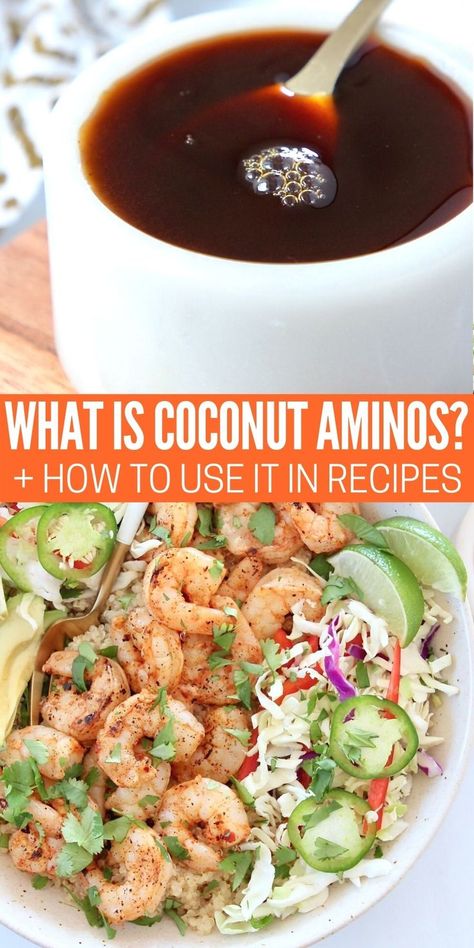 Coconut aminos is a gluten free and soy free, low sodium sauce with a rich umami flavor. Use it as a condiment, in stir-fries, soups, salad dressings or sauces! It's the perfect substitute for… Substitute For Soy Sauce, Seafood Bowl, Gluten Free Bowl, Soy Sauce Substitute, Gluten Free Sauces, Healthy Sauces, Coconut Aminos, Bowl Recipes, Lunch Salads