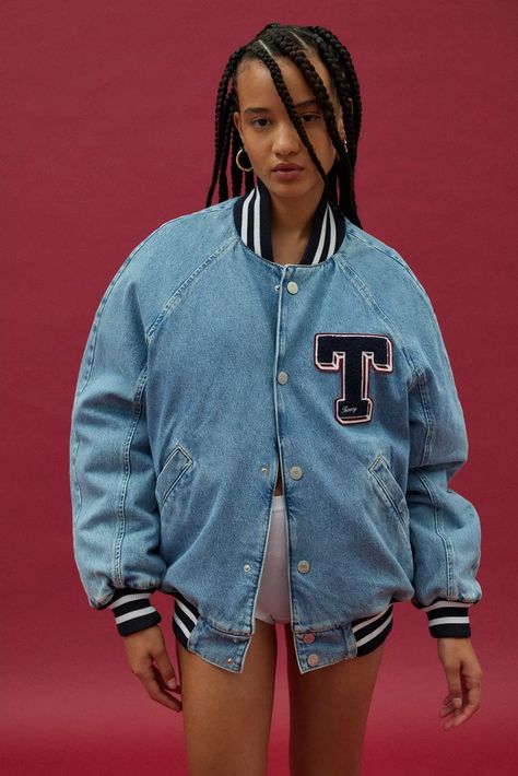 Tommy Jeans Letterman Denim Jacket | Urban Outfitters Denim Letterman Jacket, Tommy Hilfiger Denim Jacket, Wythe Hotel, Jeans Patch, Clothing Projects, Jacket Denim, Patched Jeans, Letterman Jacket, Tommy Hilfiger Jeans