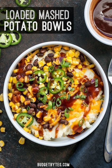 Mashed Potato Bowls, Potato Bowls, Creamy Potatoes, Loaded Mashed Potatoes, Budget Bytes, Chicken Healthy, Easy One Pot Meals, Tasty Vegetarian Recipes, Mashed Potato