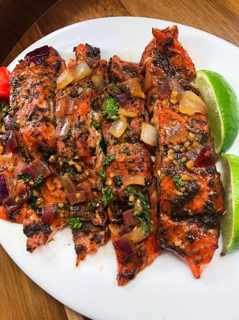 Jerk Lemon Pepper Salmon Recipe, Jamaican Salmon Recipe, Honey Jerk Salmon, Jerk Salmon Recipe, Jamaican Recipe, Jerk Salmon, Jamaican Dishes, Jerk Seasoning, Pescatarian Recipes