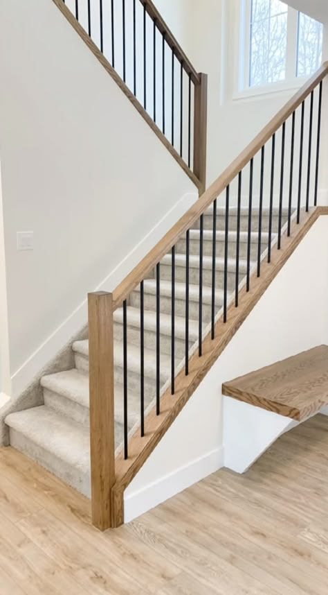 Modern Farmhouse Handrail, Boxed In Staircase Ideas, Open Staircase To Attic, Wood Stairs Remodel, Staircase Bannister Ideas, White And Wood Stair Railing, Affordable Stair Railing, New Banister Ideas, Updates Stair Railing