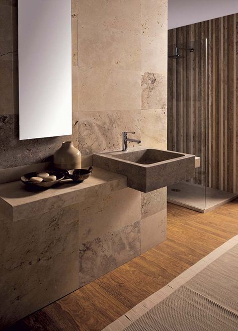 Italian Bathrooms, Stone Wash Basin, Italian Bathroom, Semi Recessed Basin, Semi Recessed Sink, Bathroom Layouts, Stone Counters, Stone Blocks, Basin Design