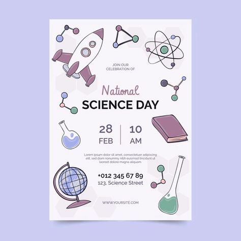 Science Day Poster Design, Science Day Poster, Tutoring Flyer, National Science Day, Science Day, Event Poster Template, Business Poster, Music Poster Design, Vertical Poster