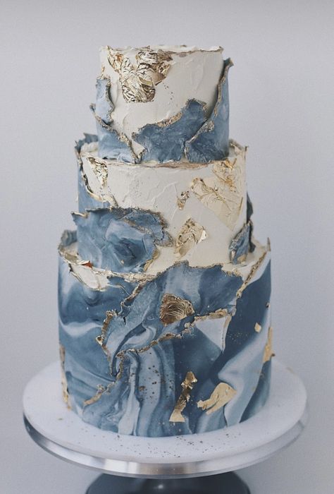 Ice Blue Cake, Blue Silver Cake, Blue And Silver Cake, Wedding Cake Marble, Marble Wedding Cake, Navy Cakes, Kue Macaroon, 18th Cake, Unique Birthday Cakes