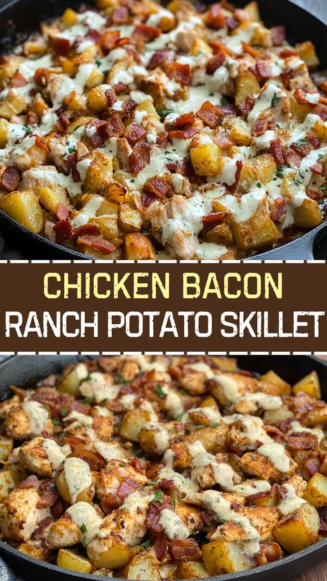 Chicken Recipes: Chicken Bacon Ranch Potato Skillet - Family Dinner Chicken Bacon Ranch Potato Bake, Ranch Potatoes Baked, Casserole With Potatoes, Bacon Desserts, Bacon Ranch Casserole, Bacon Ranch Potatoes, Ranch Casserole, Potato Skillet, Ranch Potatoes