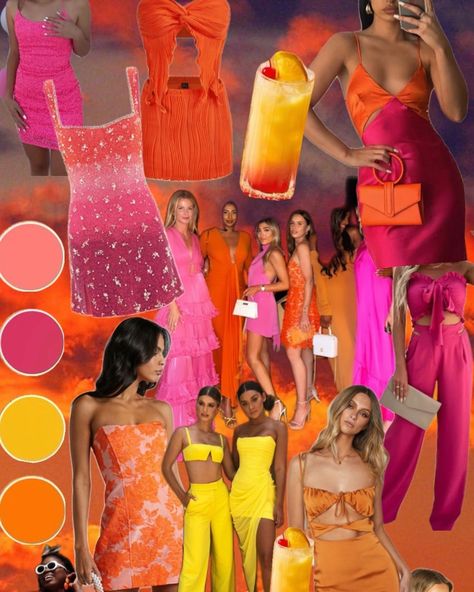 “What are we wearing?” Glad you asked, amigas! 😍 The vibe for Nourish & Flourish: Business con Amigas is *tequila sunrise chic*—warm, bold, and ready to shine. 🍊💖🧡💛 Think fiery oranges, sunset yellows, and rich pinks. Think of that outfit you’ve been waiting for months to rock… THAT’S IT! Whether you’re rocking a flowy dress or a power pantsuit, bring that *main character energy* with you.✨🔥💅🏽 Rock your tassel earrings for an extra pop of color! 🌸 Need inspo? Swipe for mood boards, o... Sunset Colour Outfits, Tequila Sunrise Outfit, Sunset Party Outfit, 30th Outfit, Jester Core, Sunrise Outfit, Sunset Outfits, Tequila Sunset, Sunset Theme