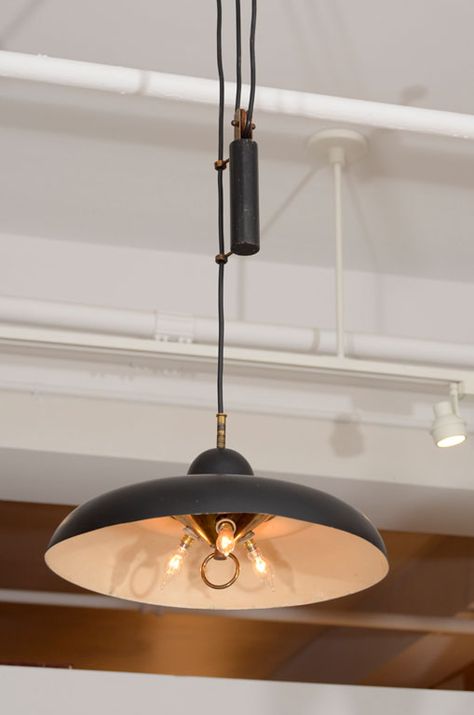 chandelier with pully | Italian Chandelier with Counter-Weighted Pulley System at 1stdibs Low Basement, Pulley System, Italian Chandelier, Bar Design, Black Metal, Chandeliers, Basement, I Shop, Pendant Light