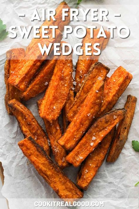 Air Fryer Sweet Potato Wedges, Crispy Sweet Potato Wedges, Easy Sweet Potato Recipes, Air Fryer Sweet Potato Fries, Sweet Potato Nachos, Potato Wedges Recipe, Wedges Recipe, Sweet Potato Skins, Crispy Sweet Potato