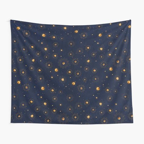 Navy Blue Tapestry, Dark Navy Blue Background, Celestial Tapestry, Dorm Inspiration, Star Tapestry, Golden Moon, Blue Tapestry, Stars Pattern, Festive Collection