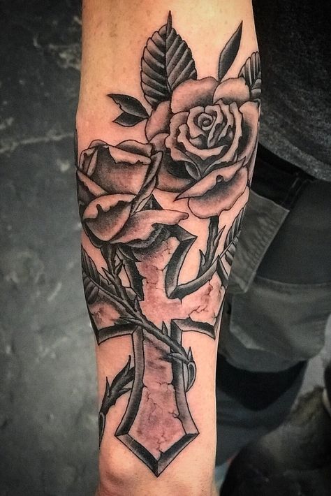 Cross And Rose Tattoos For Men Forearm, Mens Cross And Rose Tattoo, Cross With Roses Tattoo Men, Cross And Roses Tattoo For Men, Rose And Cross Tattoos For Men, Cross Tattoo For Men Forearm, Mens Rose Tattoo Forearm, Cross Roses Tattoo, Cross Cover Up Tattoo Ideas