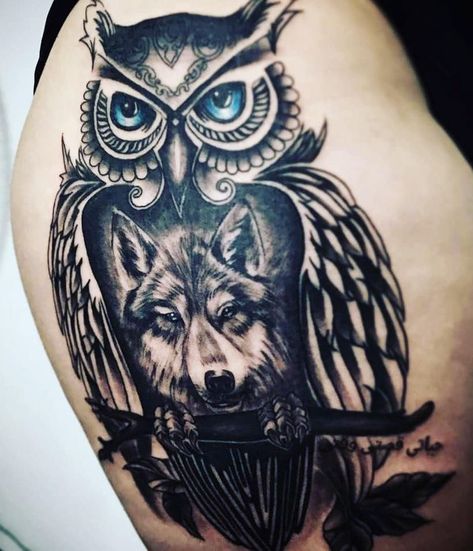 Owl Wolf Tattoo Design, Owl Hip Tattoo, Wolf And Owl Tattoo Design, Norse Owl Tattoo, Owl Wolf Tattoo, Owl And Wolf Tattoo, Deer Tattoo Meaning, Owl Meaning, White Owl Tattoo