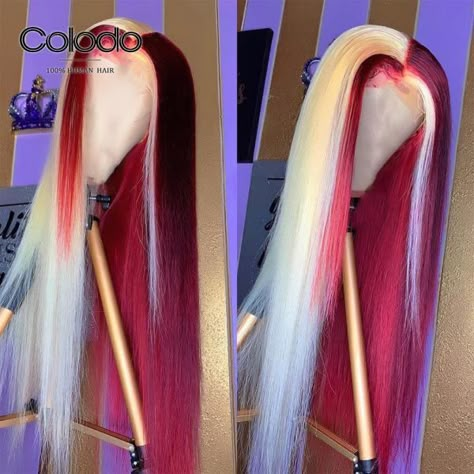 Blonde Highlight Wig, 613 Lace Front Wig, Two Tone Hair, High Fashion Hair, Highlight Wig, Split Dyed Hair, Straight Lace Front Wig, Lace Fronts, Blonde Highlight