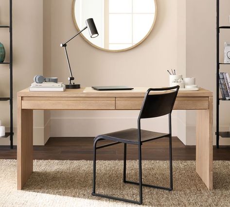 Pacific 60'' Desk with Drawers | Pottery Barn Canada Big Wood Desk, Oak Desk Office, Cb2 Desk, Modern Work Desk, Floating Desk With Drawers, Japandi Desk, Minimalist Desk Design, White Oak Desk, Natural Wood Desk