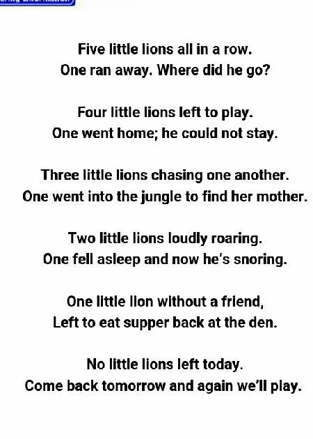 Five little lions song Zoo Songs, Lion Song, Lesson Plans For Preschool, Preschool Jungle, Preschool Poems, Zoo Preschool, Animal Poems, Nursery Rhymes Lyrics, Rhymes Lyrics