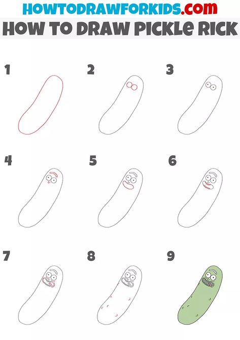 How to Draw Pickle Rick - Easy Drawing Tutorial For Kids Rick And Morty Doodles Easy, Easy Rick And Morty Drawing, Diy Rick And Morty Crafts, How To Draw Rick And Morty Step By Step, Rick And Morty Drawing Easy, Rick Drawing Easy, How To Draw Rick And Morty, Pickle Rick Painting, Pickle Rick Drawing