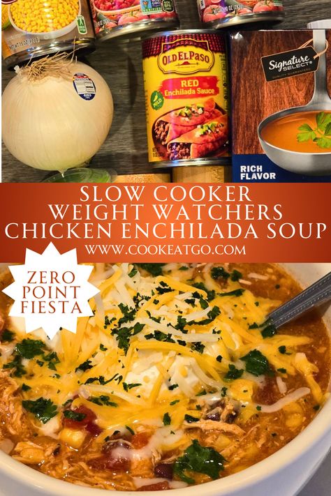 The perfect Taco Tuesday comfort food Weight Watchers Chicken Enchilada Soup!  Packed with flavorful chicken, beans, corn, enchilada sauce,and spices, makes it a delicious twist on a classic favorite. The soup is zero ww points, and the topping of sour cream and cheese won't break the point bank!  The soup is also keto for a low-carb dinner.  Perfect for cozy nights in and a family weeknight dinner.  Pin it to your Weight Watchers Recipe Pinterest board for later. Ww Chicken Enchilada Soup, We Chicken Taco Soup, Ww Zero Point Taco Soup, Weight Watcher Soup Recipes With Points, Ww Veggie Soup, Ww Enchilada Soup, Weight Watcher Chili Recipe, Zero Point Crockpot Recipes, Ww Chicken Soup Recipes