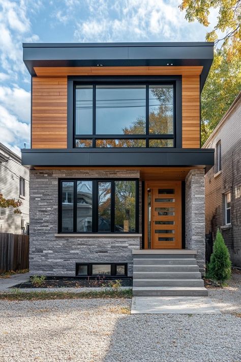 Modern flat-roofed house with wood and stone facade. Uncover the charm, versatility, and occasional bird confusion that makes a flat roof house a modern architectural gem. Small Contemporary House, Flat Roof Design, Modern Residential Architecture, Flat Roof House, Wooden Facade, Roof House, Lakeside Living, Stone Facade, Modern Flat