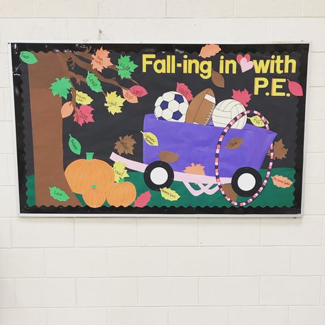 Fall Physical Education Bulletin Board! Includes some of the fall activities we are and will be doing! Made by: Ali Facchini, PE teacher at W.B. Sweeney Elementary School.  Instagram: sweatatsweeneywithmsfacchini Fall Pe Bulletin Boards, Elementary Pe Bulletin Boards, Pe Bulletin Boards Elementary, Owl Bulletin Boards, Pe Classroom, Technology Bulletin Board, Physical Education Bulletin Boards, Pe Bulletin Boards, Pe Board