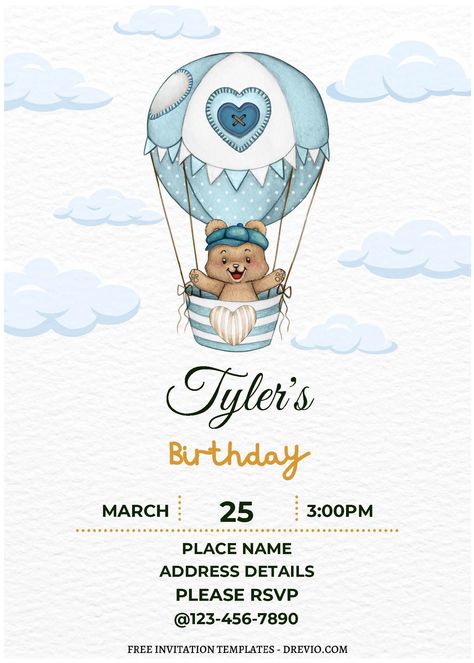 Birthday Invitation Template Free Editable, Time Flies Invitation, Hot Air Balloon Invitation Template, Hot Air Balloon Poster Design, Hot Air Balloon Invitation Birthday, Air Well, Bear In Hot Air Balloon Clipart, Whimsical Hot Air Balloon, Hot Air Balloon Invitation