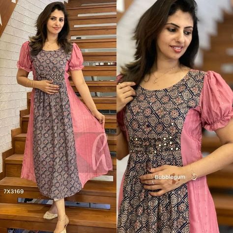 DM for order what's app 8309874411 *SALE* Semi Occasional wear - handwork kurti Crush line Georgette plain colour shimmer thread kurti with Cotton Ajrak print patchwork having piping n mirror work ONLY 999+ship Size : M/L/XL/XXL Length : 48” Lining : Yes Puff sleeves with elastic end Front pleated Item code : 7X3169 #hansicolletions #halfsaree #halfsareefunction #reels #longgowns #longfrockdesigns #celebritystyle #vintagestyle #trendingnow #treditionallook #treditionallook #best #o... Ajrak Print, Pavadai Sattai, Half Saree Function, Long Frock Designs, Plain Colour, What's App, Mirror Work, Half Saree, Long Gown