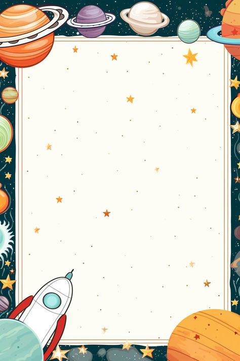 space rocket, planets, page for kids, for notebook, journal or workbook Space Theme Page Border, Space Border Design, Space Theme Background, Design Notebook Ideas, Planet Background, Butterfly Watercolor Painting, Hearts Paper Crafts, Tata Surya, Space Watercolor