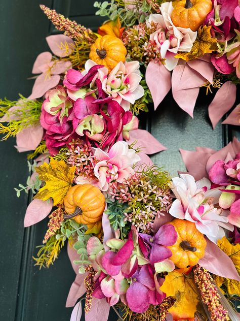 Fall Pink Wreath, Pink Lover, Colorful Pink and Orange Pumpkin Front Door Decor,autumn Decor, Unique Fall Design, Housewarming Birthday Gift - Etsy Pink Fall Home Decor, Pink And Orange Pumpkins, Pastel Fall Wreath, Pink Fall Decorations, Pink And Orange Fall Decor, Colorful Fall Decor, Holiday Front Porch Decor, Wreath Arrangements, Pink Fall Decor